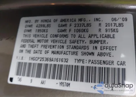 2009 Honda Accord 2.4 Lx z USA, uszkodzony, nr VIN 1HGCP25369A161632